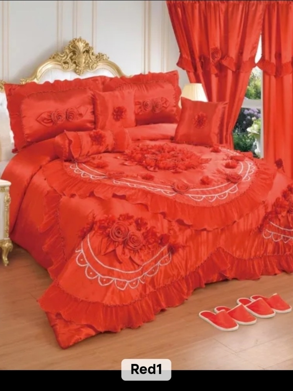 Liliana Red Ruffled Rosette Comforter Set